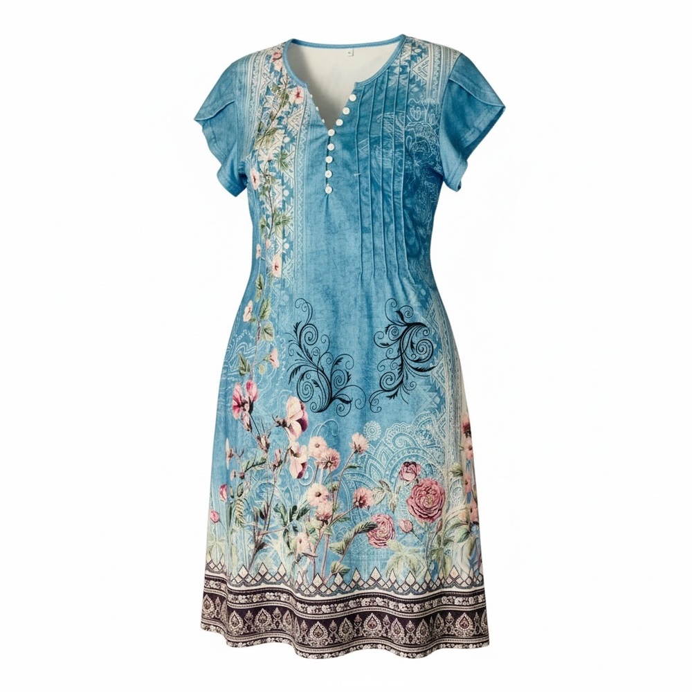 Women’s Boho Floral Shirt Dress Blue Summer Holiday Beach Sundress Pockets Med